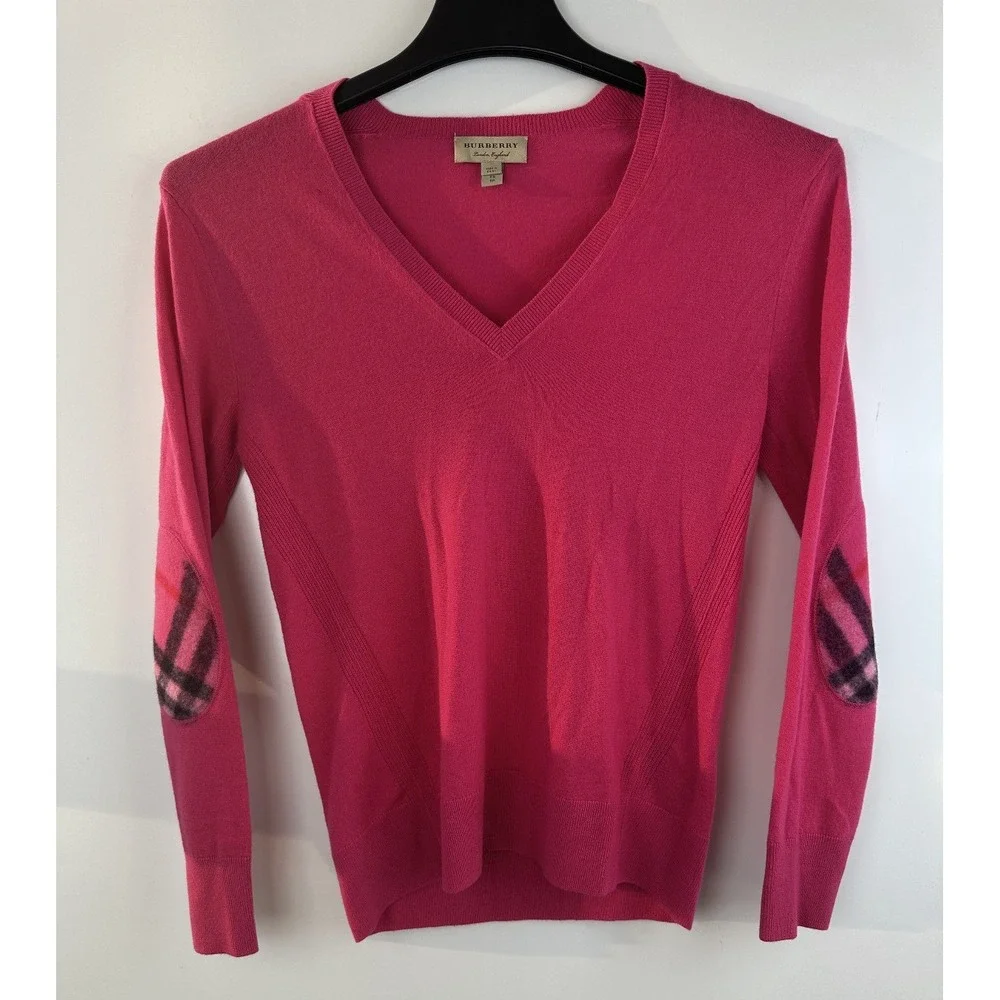 Burberry London Cashmere Sweater Pink Nova Check Elbow Patch XS Luxury Designer - Picture 2 of 16